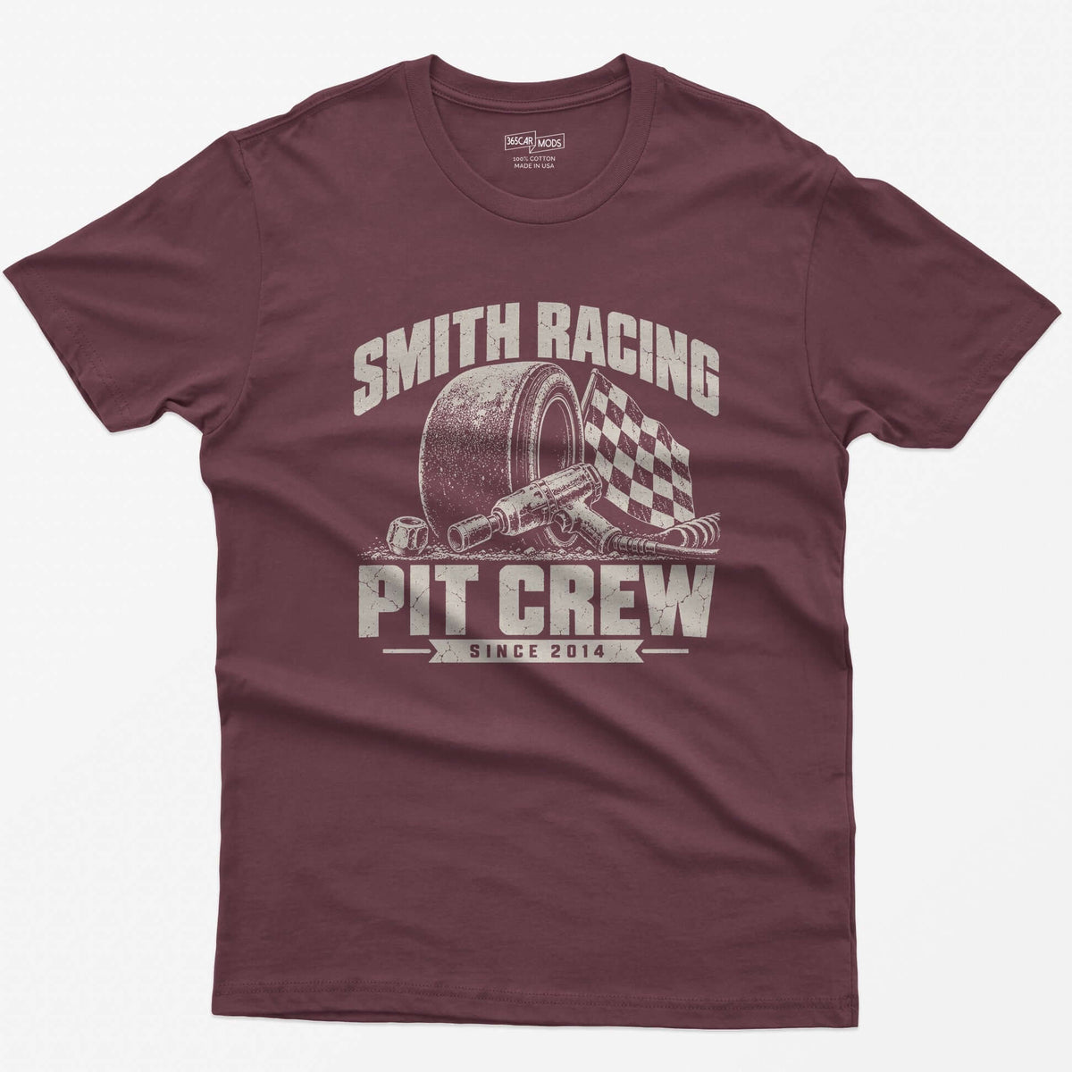 Maroon t-shirt with a personalized Smith Racing Pit Crew Since 2014 print: racing slick, impact wrench and checkered flag