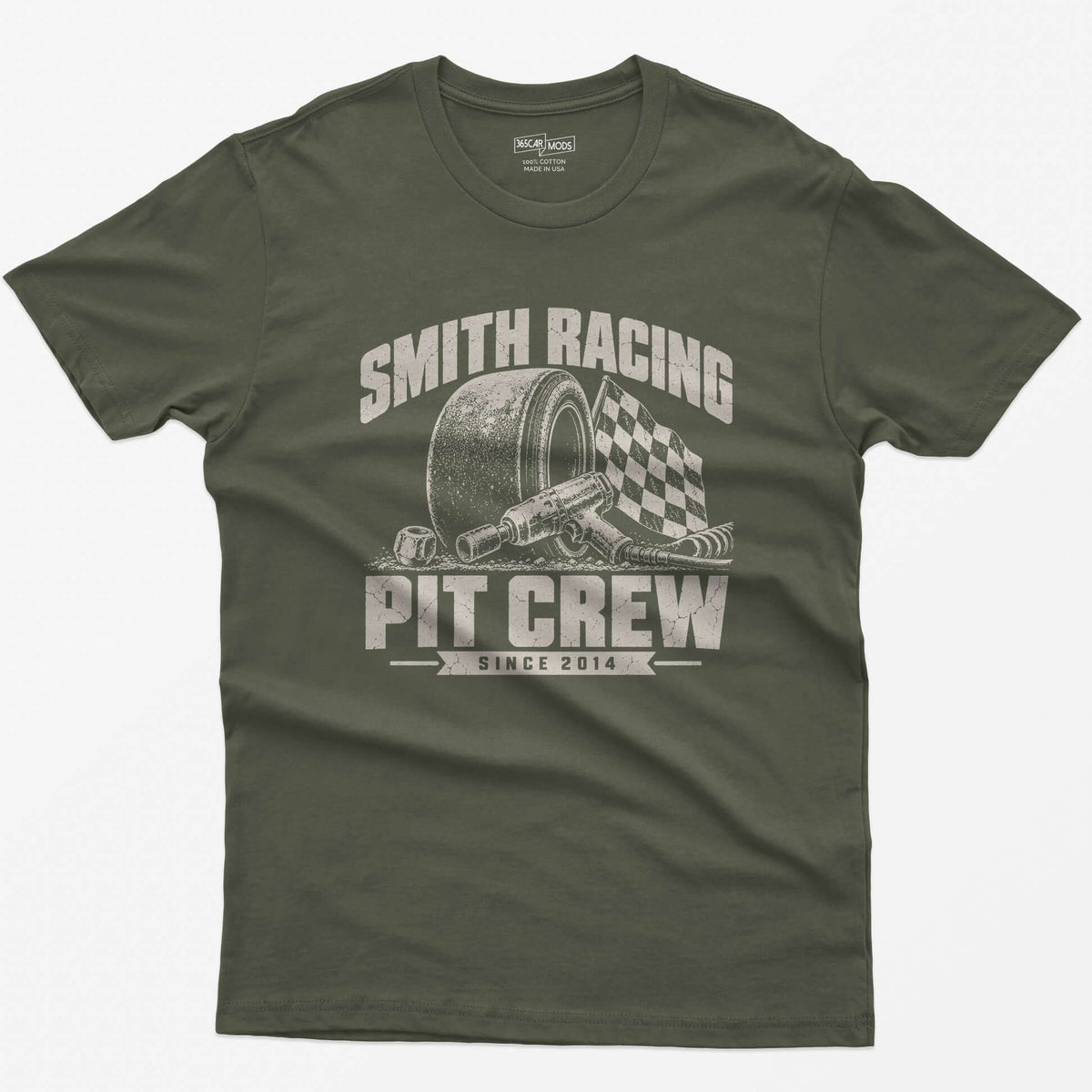Military Green t-shirt with a personalized Smith Racing Pit Crew Since 2014 print: racing slick, impact wrench and checkered flag