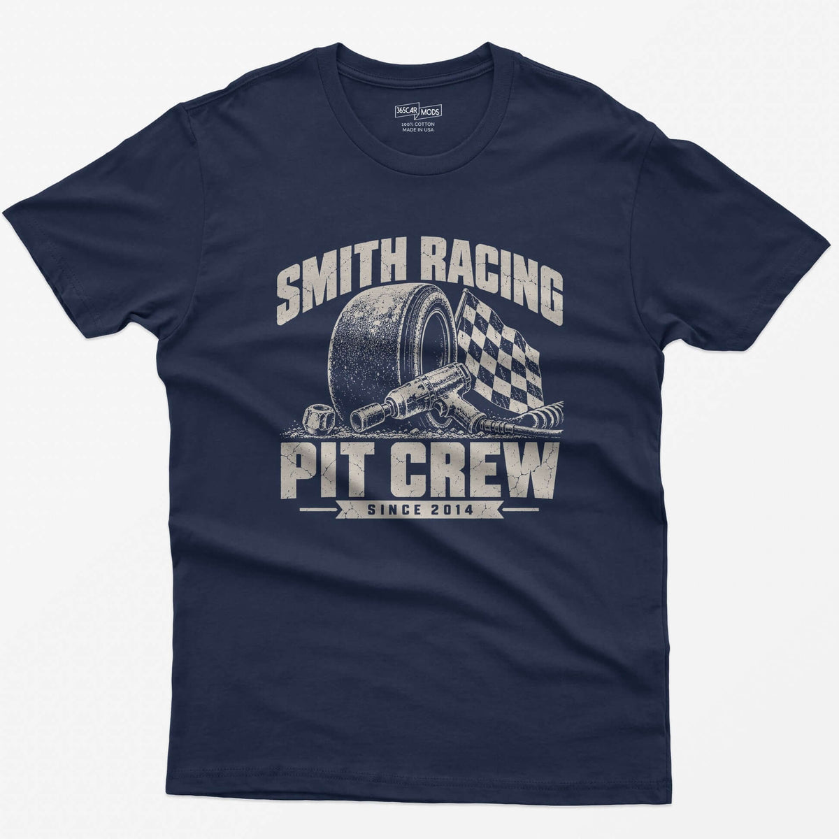 Navy t-shirt with a personalized Smith Racing Pit Crew Since 2014 print: racing slick, impact wrench and checkered flag