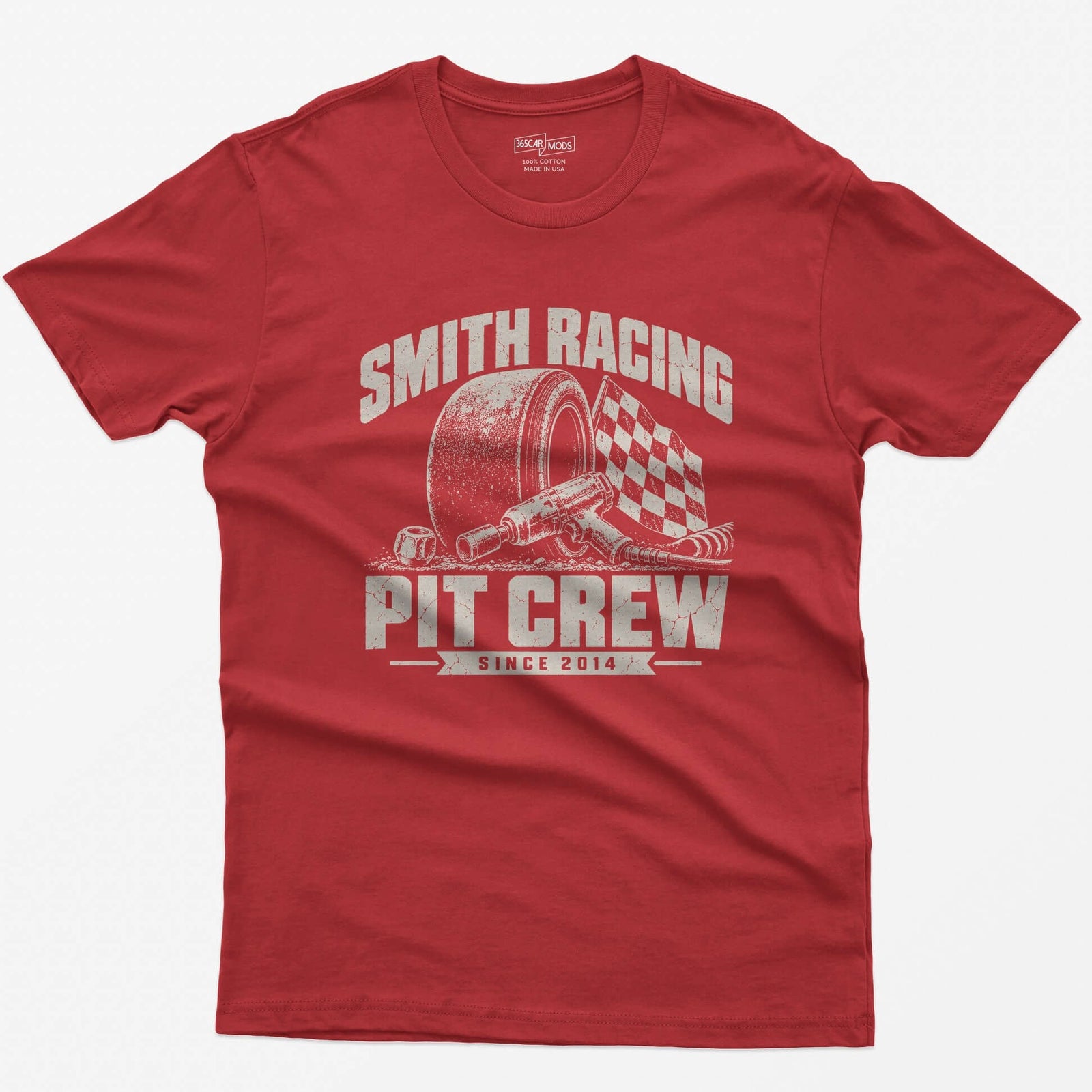 Red t-shirt with a personalized Smith Racing Pit Crew Since 2014 print: racing slick, impact wrench and checkered flag