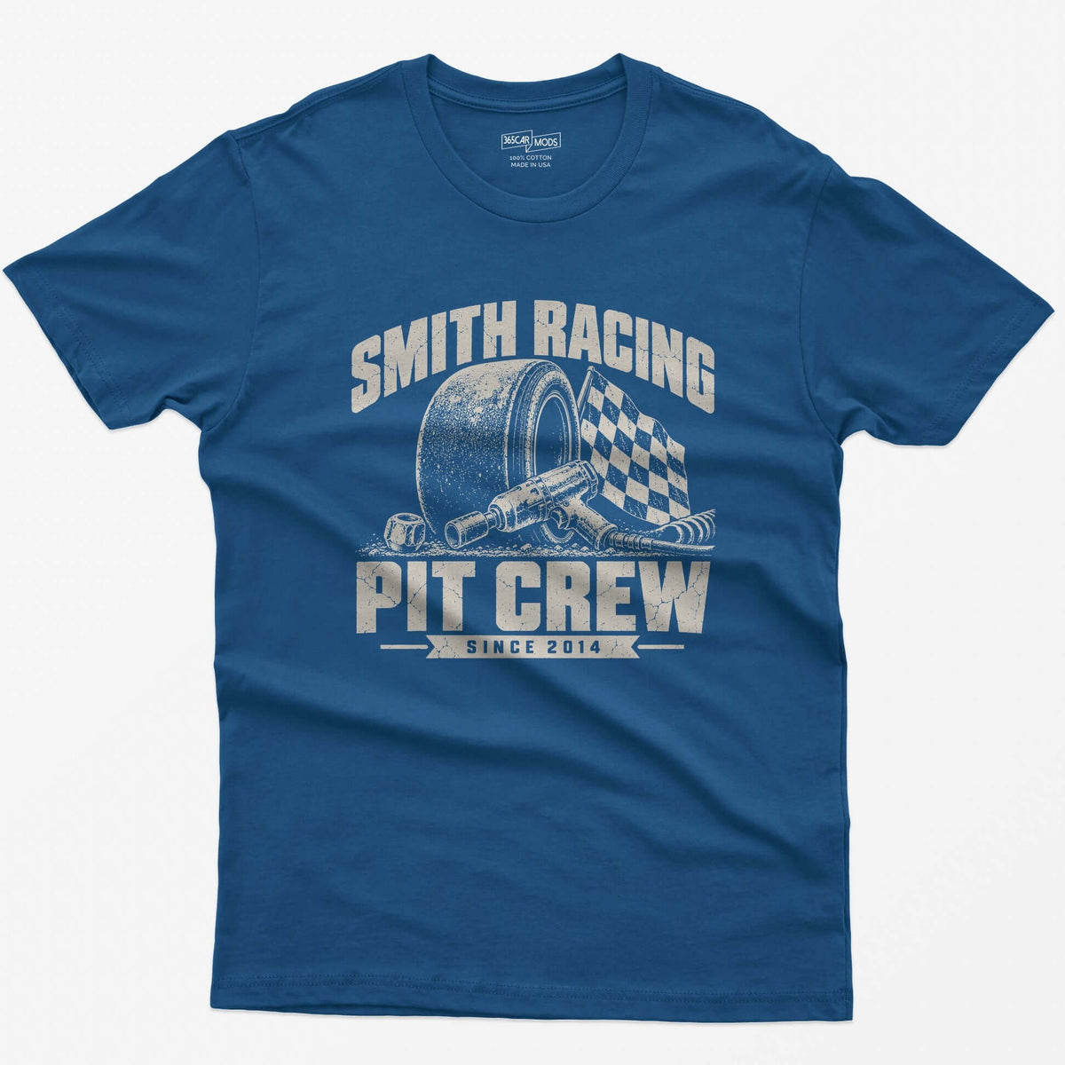 Royal blue t-shirt with a personalized Smith Racing Pit Crew Since 2014 print: racing slick, impact wrench and checkered flag