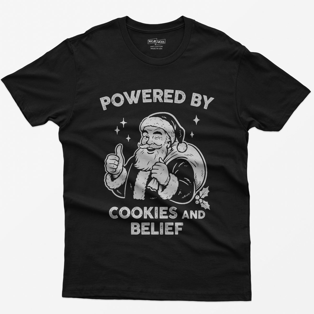 Black t-shirt with vintage white print of a winking Santa giving a thumbs up and the words Powered by Cookies and Belief