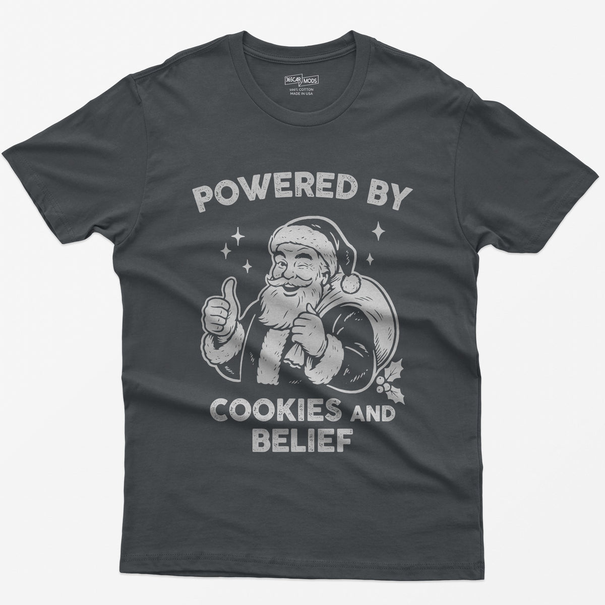 Charcoal t-shirt with vintage white print of a winking Santa giving a thumbs up and the words Powered by Cookies and Belief