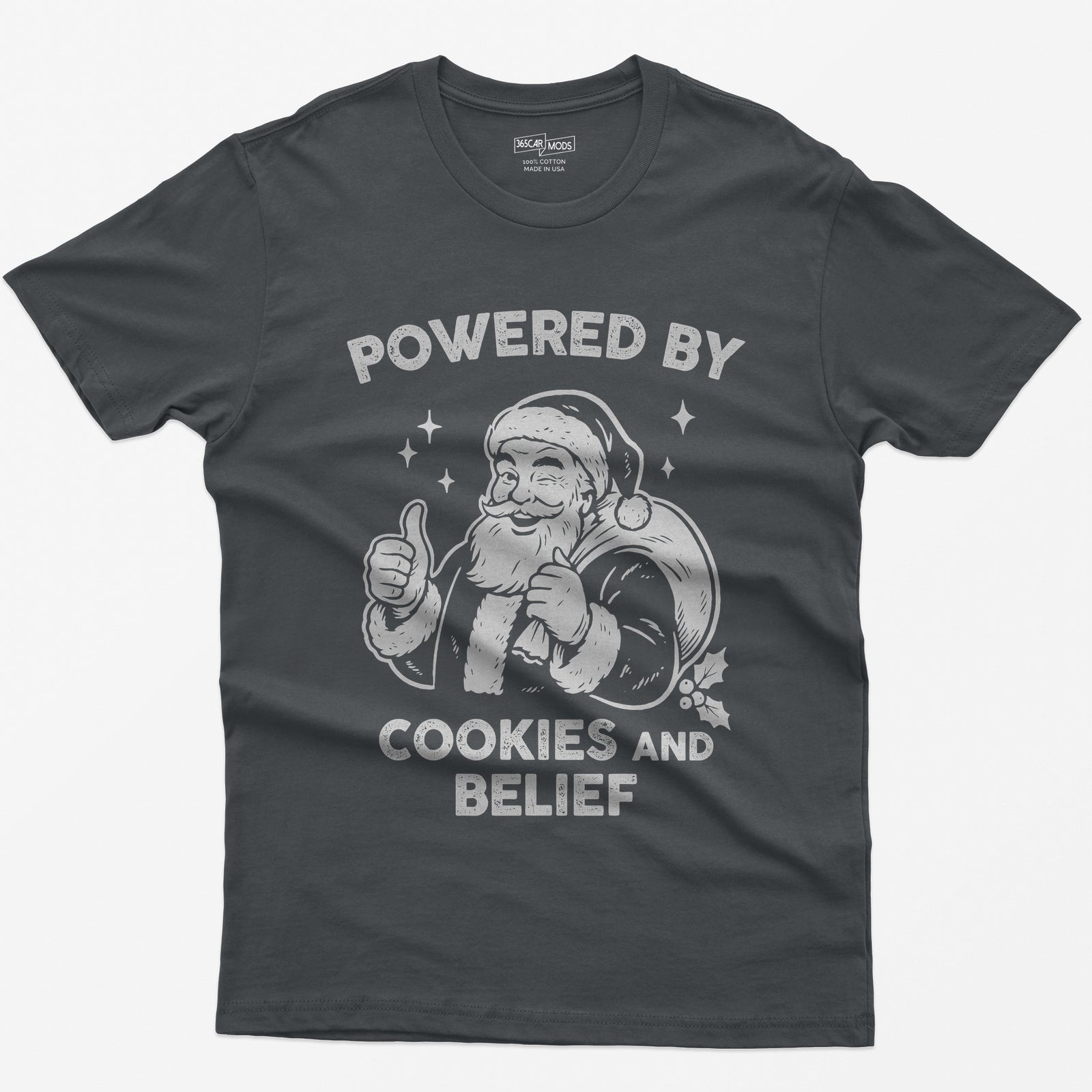 Charcoal t-shirt with vintage white print of a winking Santa giving a thumbs up and the words Powered by Cookies and Belief
