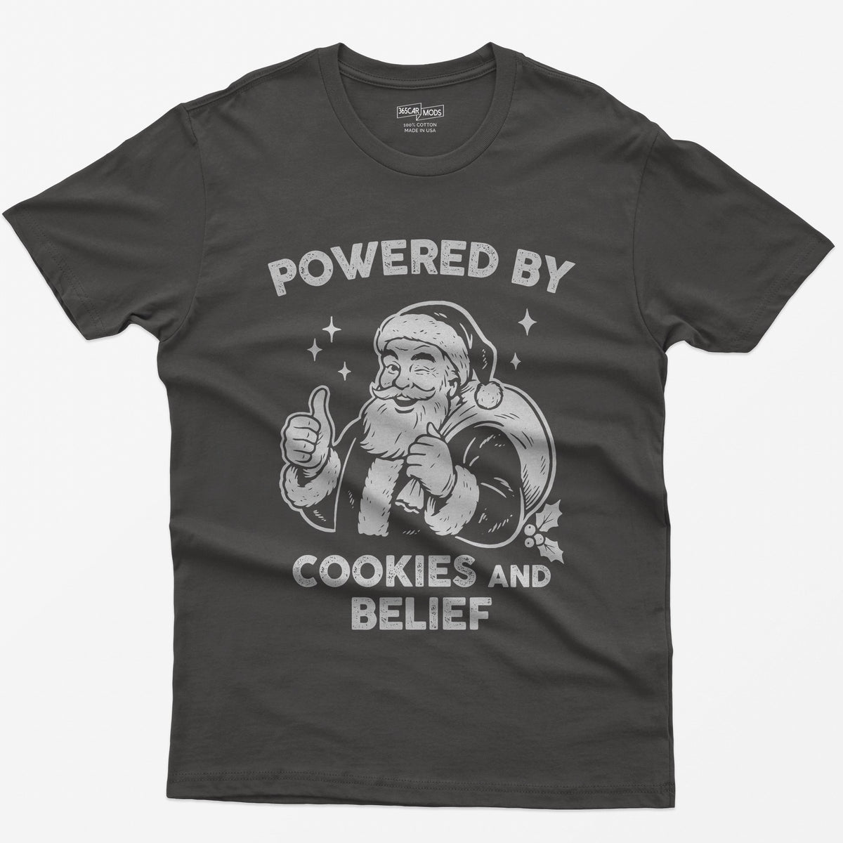 Dark Heather t-shirt with vintage white print of a winking Santa giving a thumbs up and the words Powered by Cookies and Belief