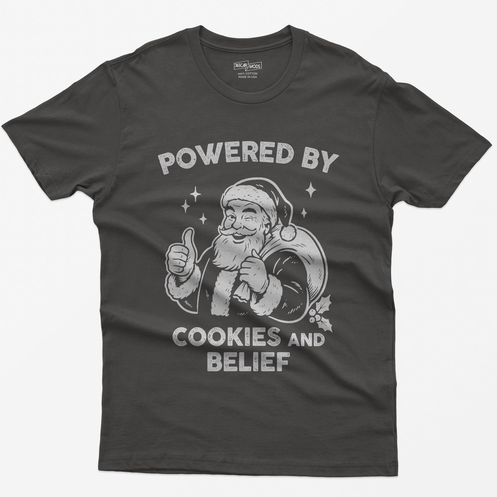 Dark Heather t-shirt with vintage white print of a winking Santa giving a thumbs up and the words Powered by Cookies and Belief