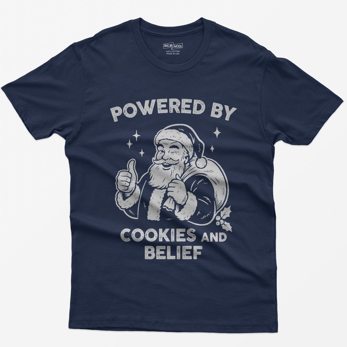 Navy t-shirt with vintage white print of a winking Santa giving a thumbs up and the words Powered by Cookies and Belief
