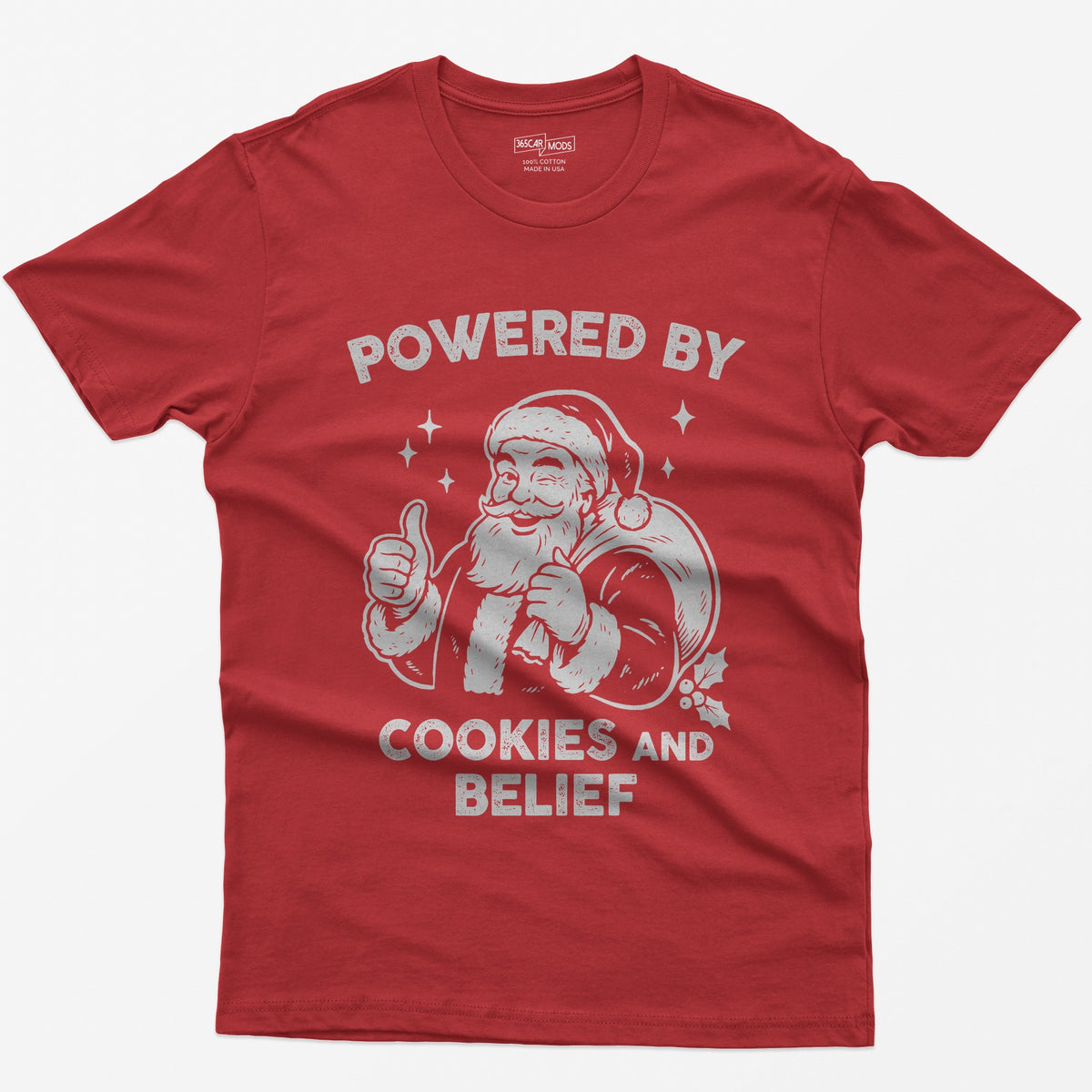 Red t-shirt with vintage white print of a winking Santa giving a thumbs up and the words Powered by Cookies and Belief