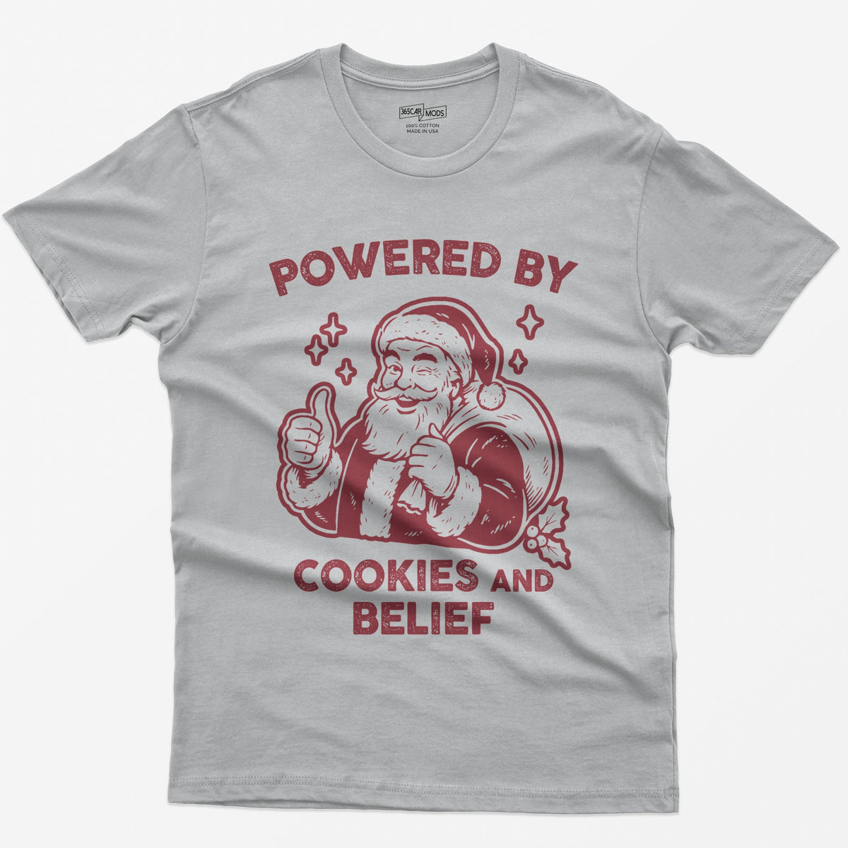 Sport Grey t-shirt with vintage white print of a winking Santa giving a thumbs up and the words Powered by Cookies and Belief