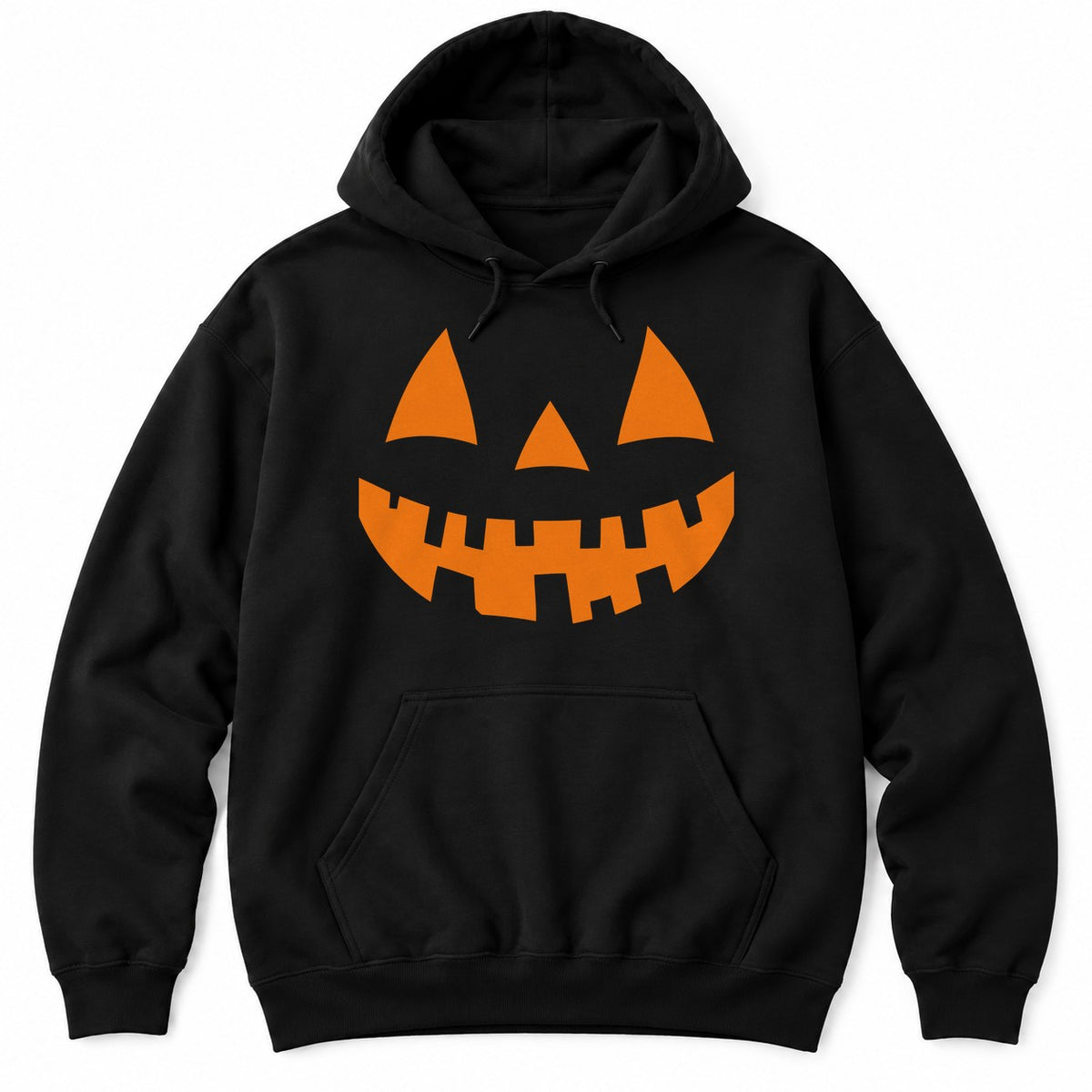 Black hoodie with a large orange jack-o'-lantern face with pointed eyes, a triangle nose and a jagged toothy grin
