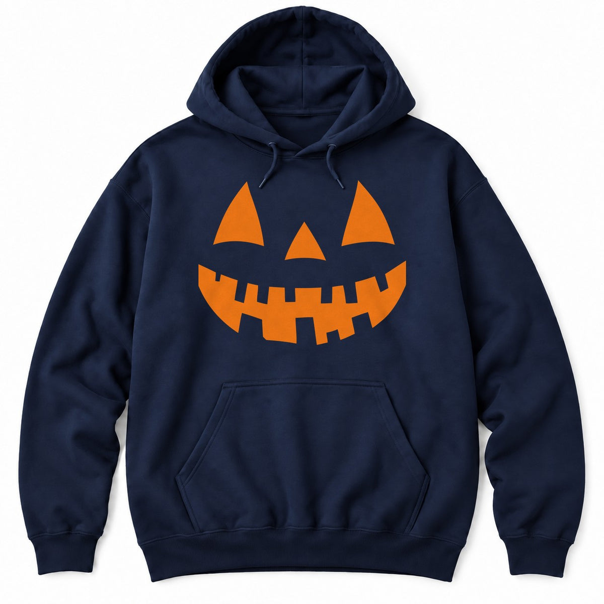 Navy hoodie with a large orange jack-o'-lantern face with pointed eyes, a triangle nose and a jagged toothy grin