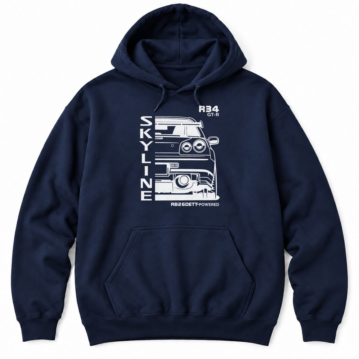 Navy hoodie with a white rear-view line drawing of a 90s JDM sports car with round tail lights and vertical lettering