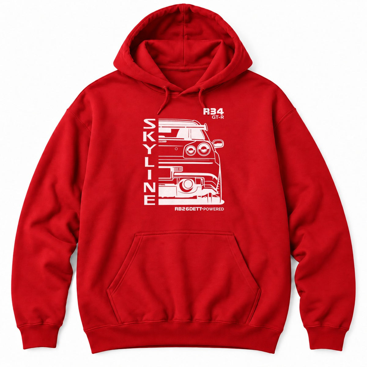Red hoodie with a white rear-view line drawing of a 90s JDM sports car with round tail lights and vertical lettering