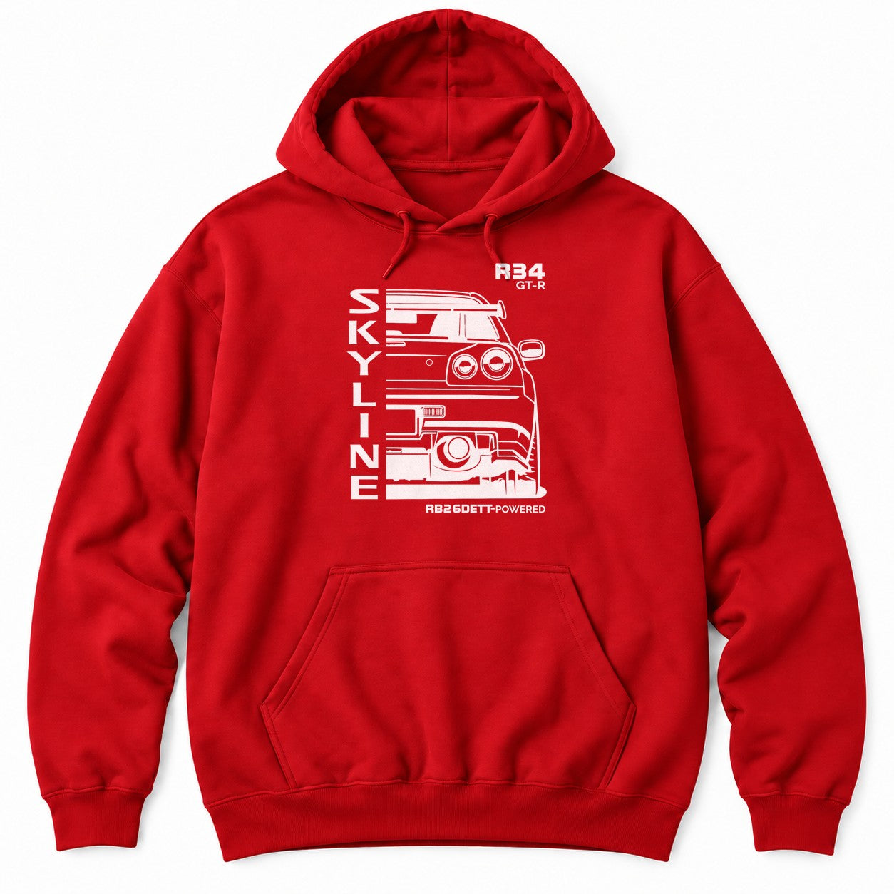 Red hoodie with a white rear-view line drawing of a 90s JDM sports car with round tail lights and vertical lettering