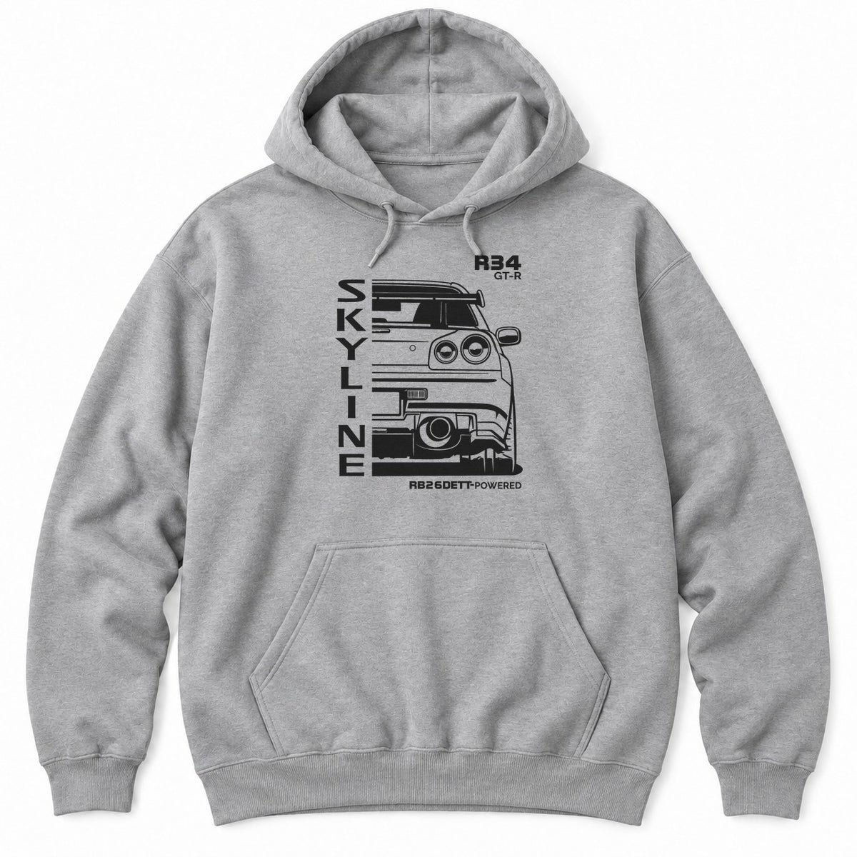 Sport Grey hoodie with a white rear-view line drawing of a 90s JDM sports car with round tail lights and vertical lettering