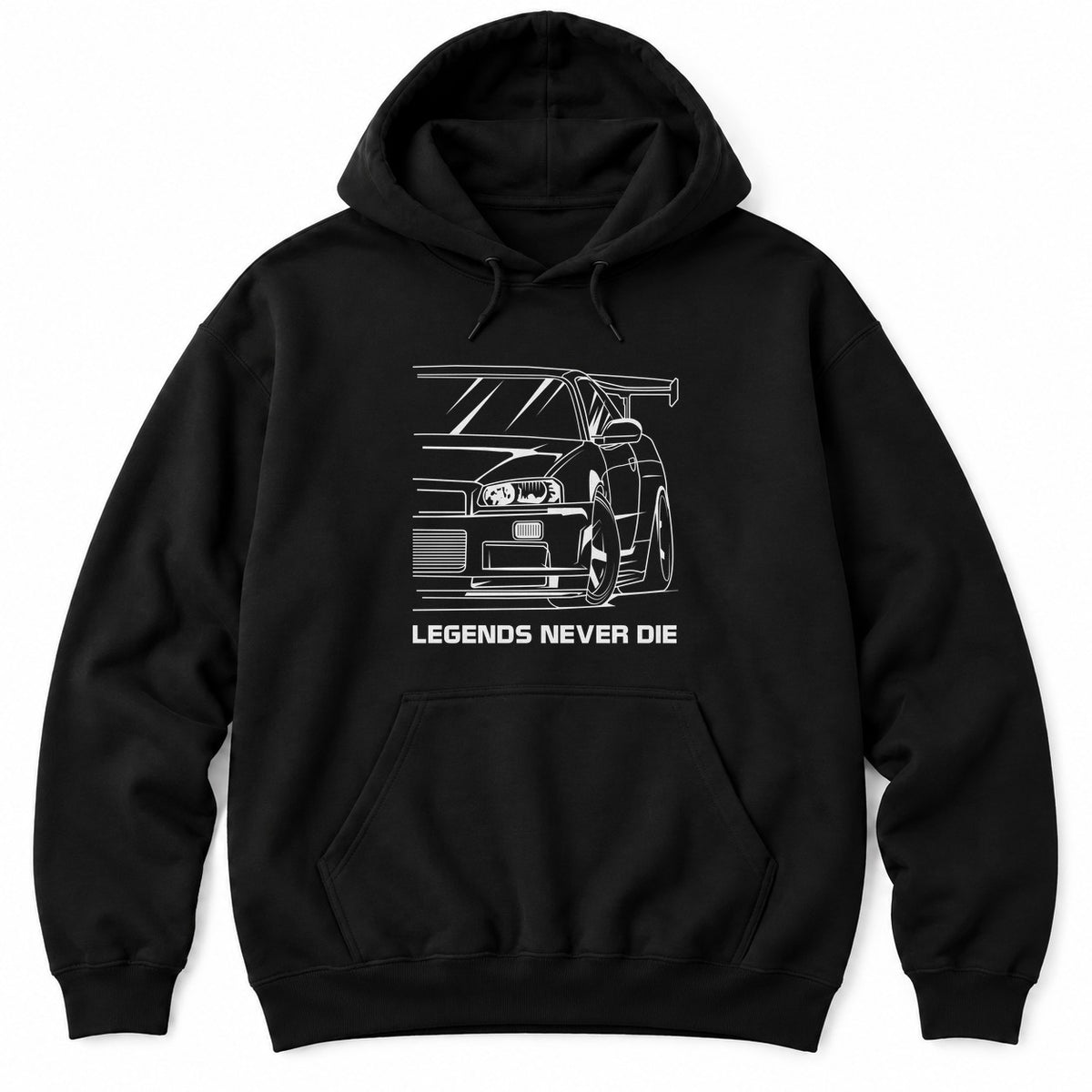 Black hoodie with a white line drawing of a 90s JDM sports car front end with a tall wing and LEGENDS NEVER DIE