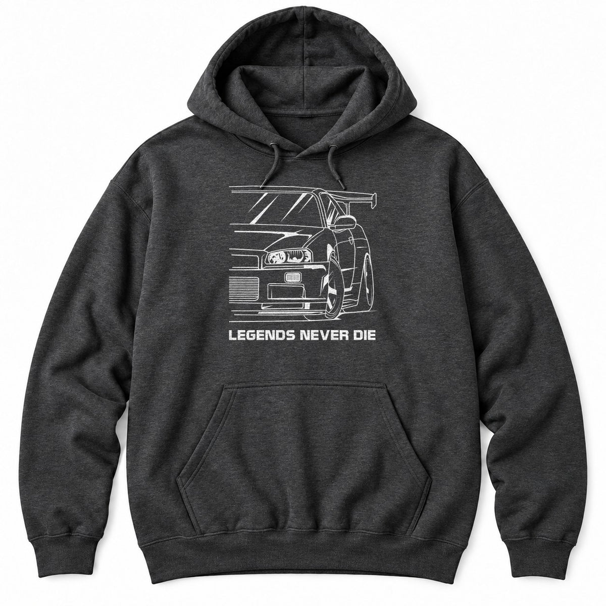 Dark Heather hoodie with a white line drawing of a 90s JDM sports car front end with a tall wing and LEGENDS NEVER DIE