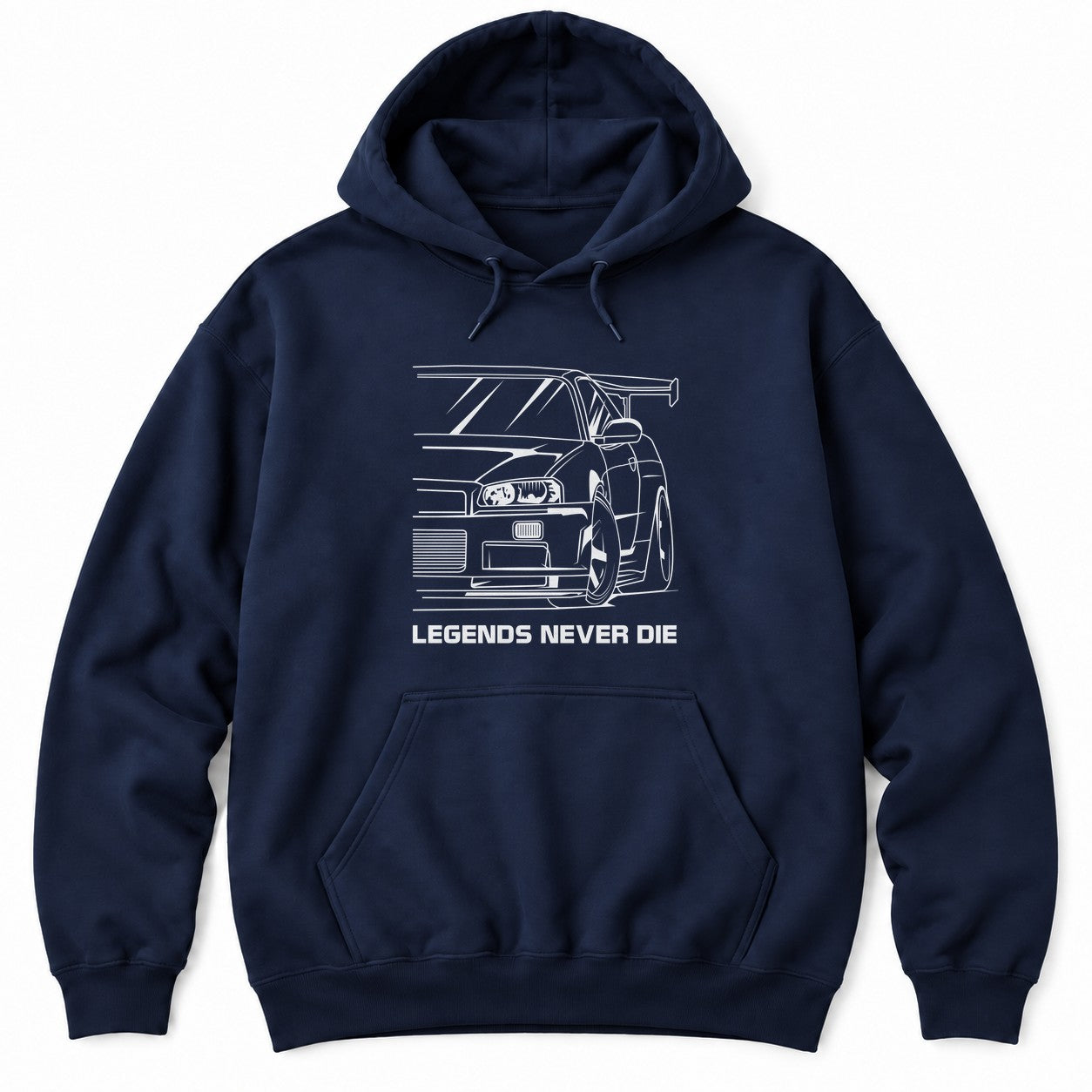 Navy hoodie with a white line drawing of a 90s JDM sports car front end with a tall wing and LEGENDS NEVER DIE