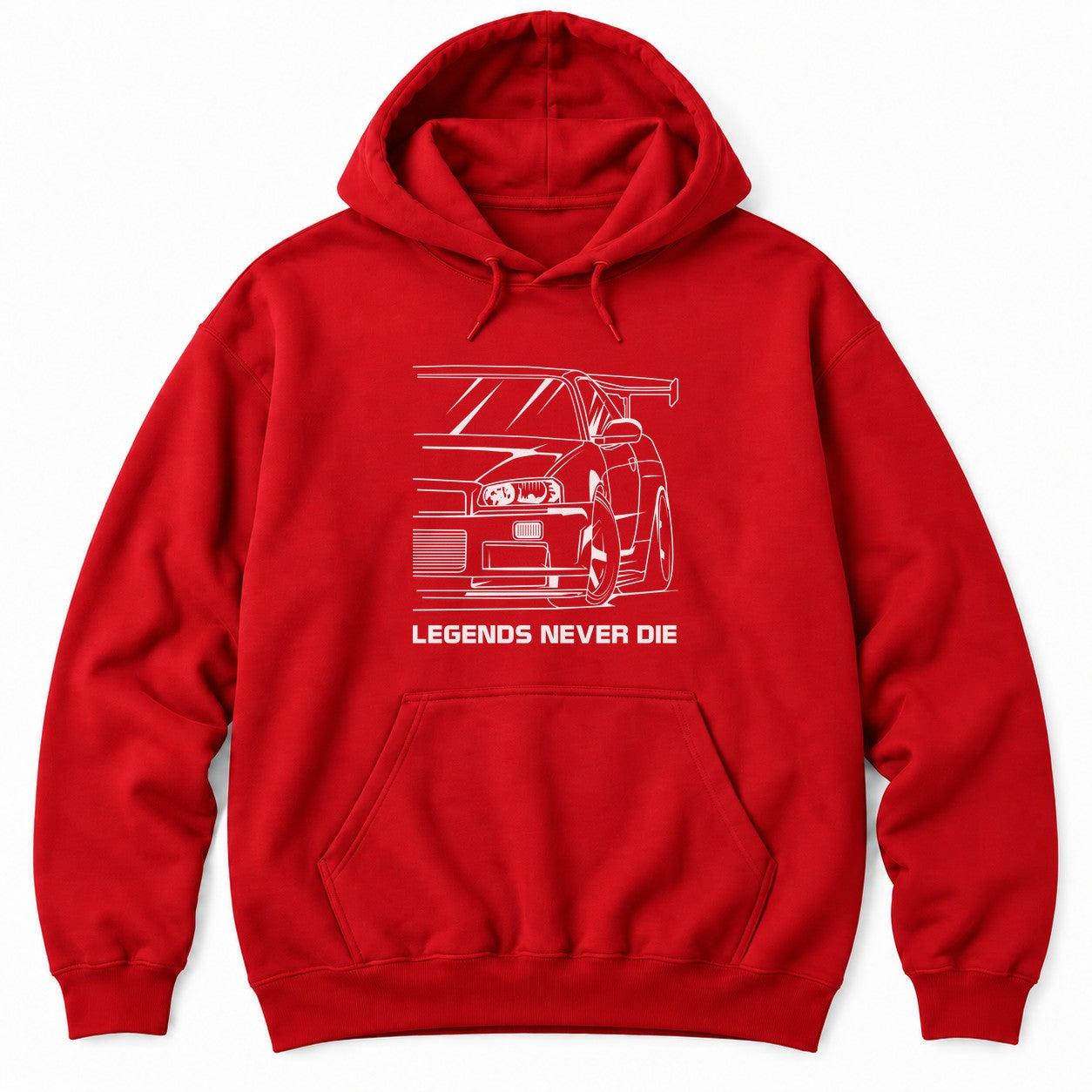Red hoodie with a white line drawing of a 90s JDM sports car front end with a tall wing and LEGENDS NEVER DIE
