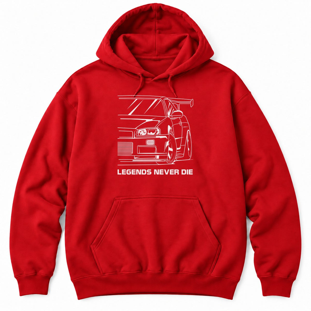 Red hoodie with a white line drawing of a 90s JDM sports car front end with a tall wing and LEGENDS NEVER DIE