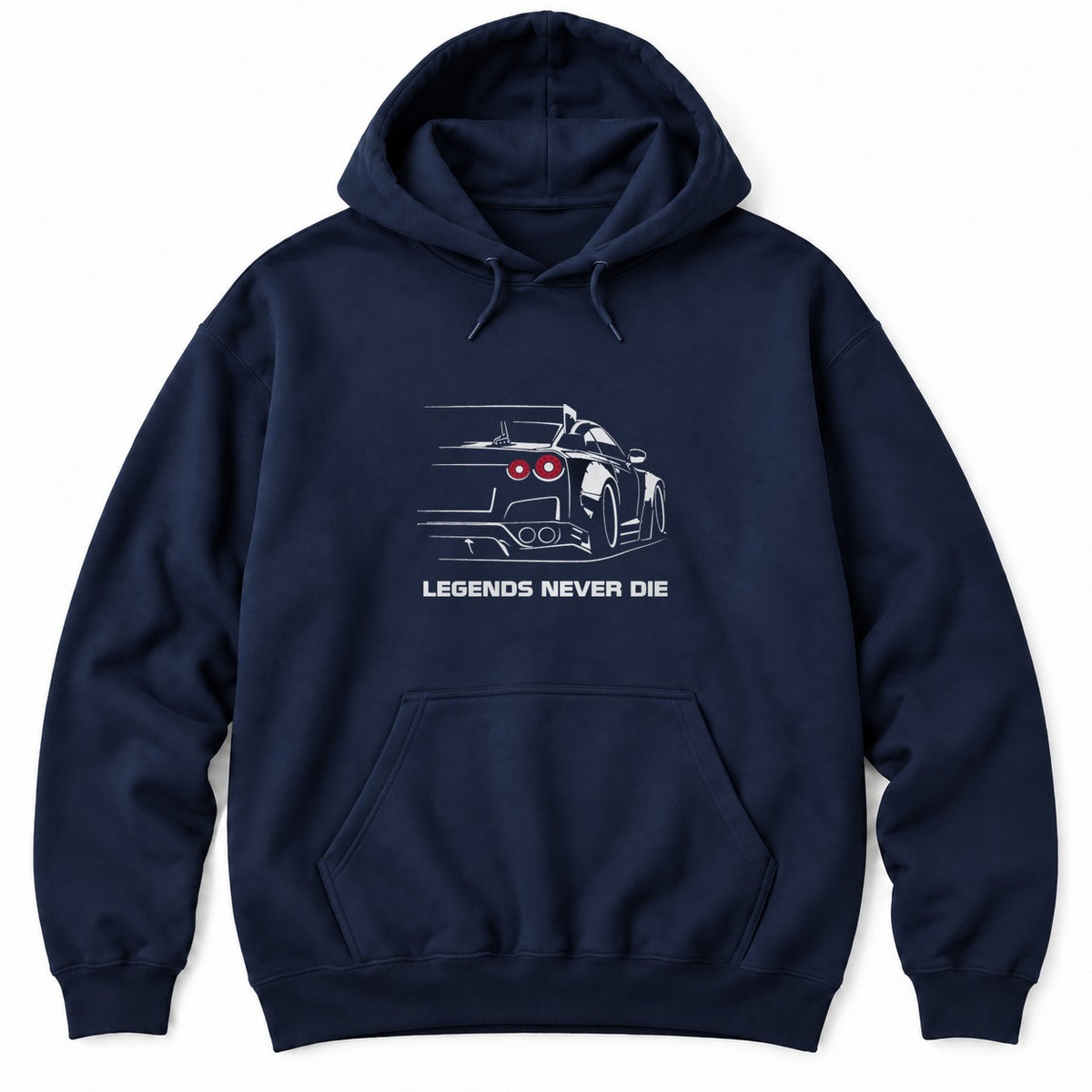 Navy hoodie with a white line drawing of a JDM supercar seen from behind with glowing round red tail lights above LEGENDS NEVER DIE