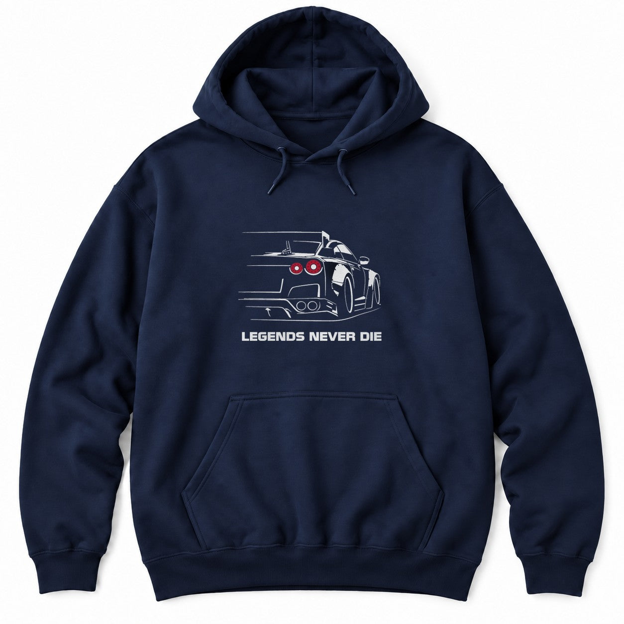 Navy hoodie with a white line drawing of a JDM supercar seen from behind with glowing round red tail lights above LEGENDS NEVER DIE