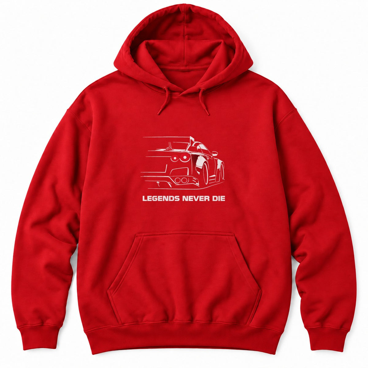 Red hoodie with a white line drawing of a JDM supercar seen from behind with glowing round red tail lights above LEGENDS NEVER DIE