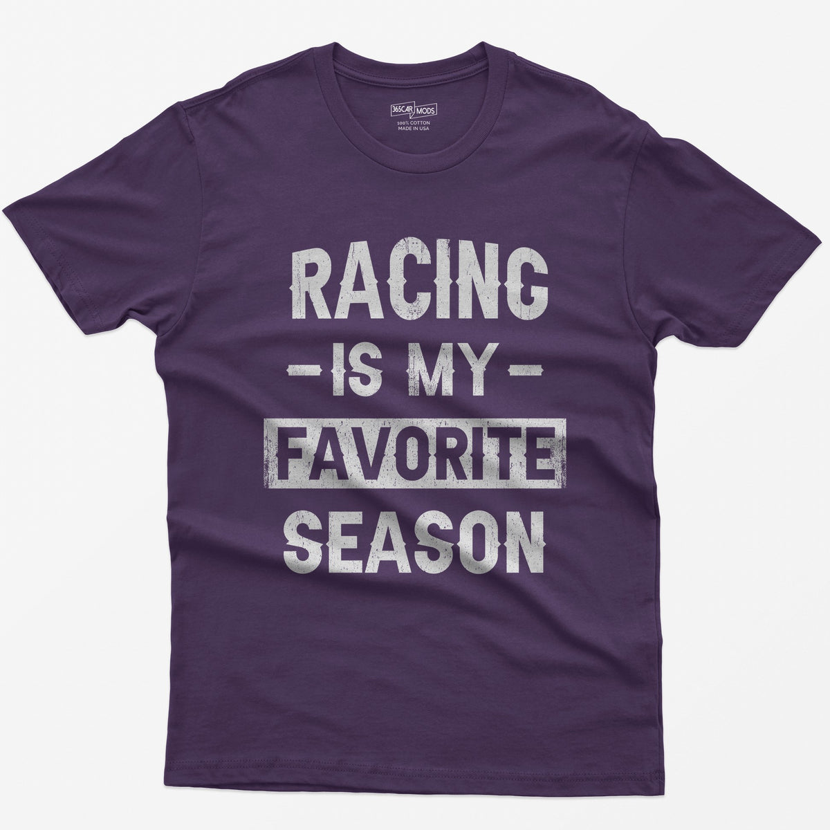 Purple t-shirt with distressed block text Racing Is My Favorite Season, Favorite in a box
