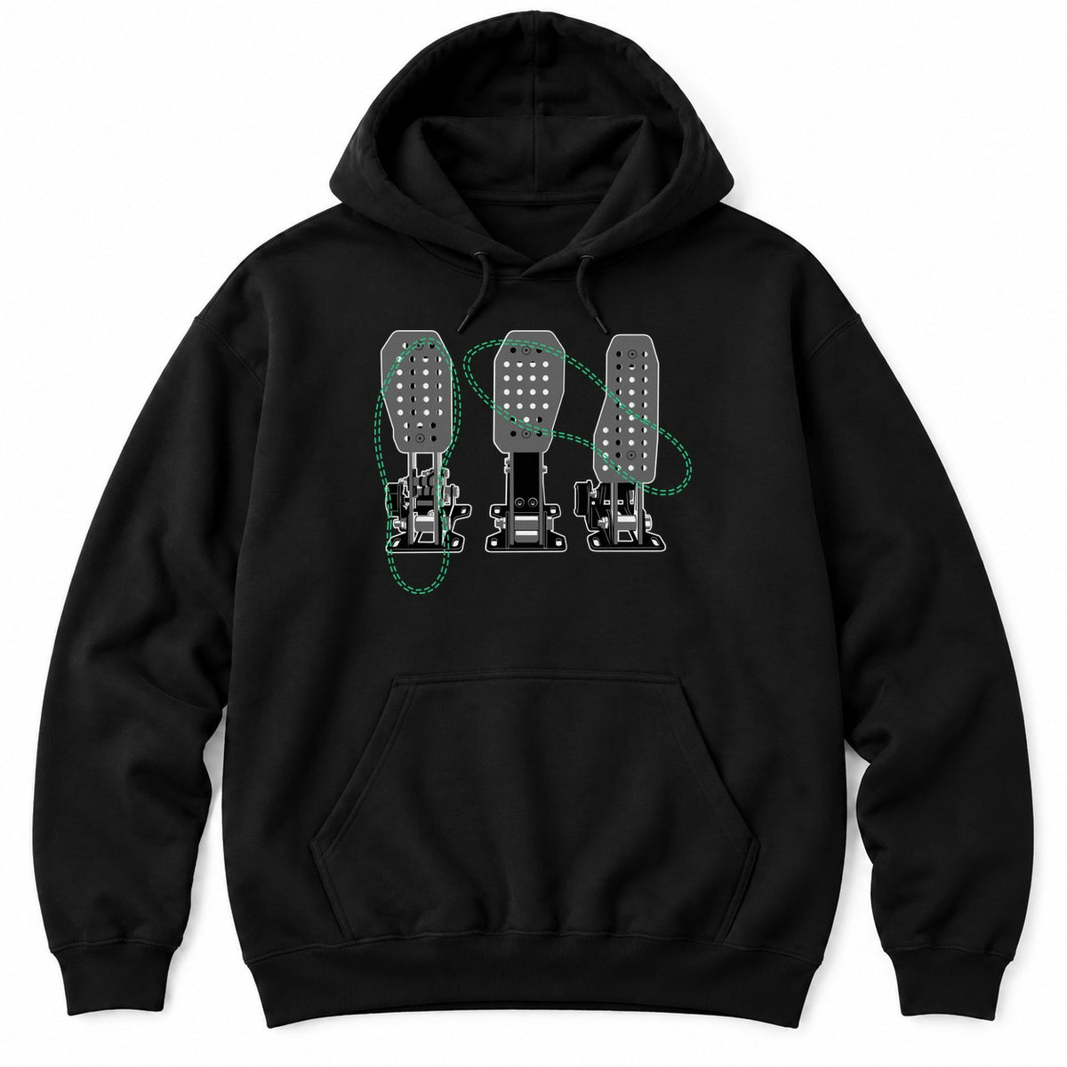 Black hoodie with a detailed drawing of three racing pedals crossed by green dashed loops