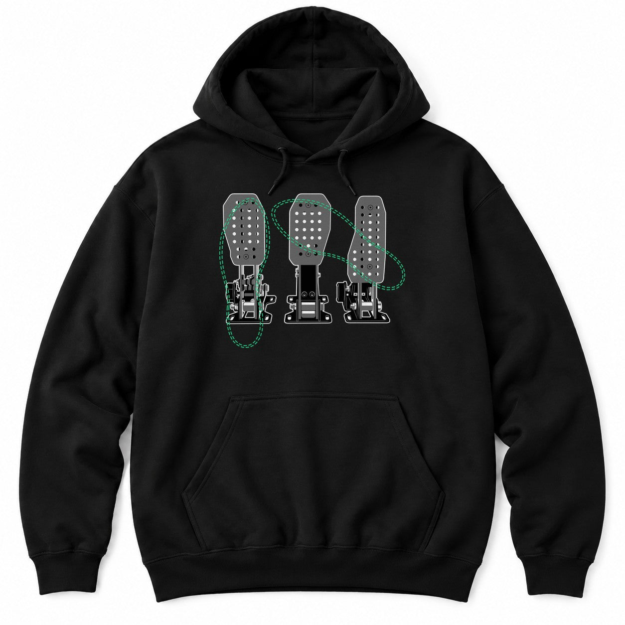 Black hoodie with a detailed drawing of three racing pedals crossed by green dashed loops