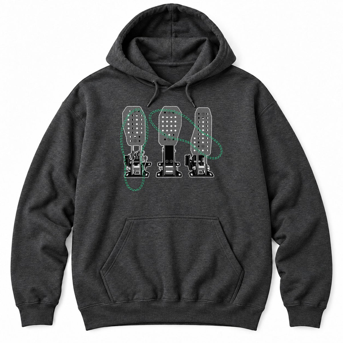 Dark Heather hoodie with a detailed drawing of three racing pedals crossed by green dashed loops