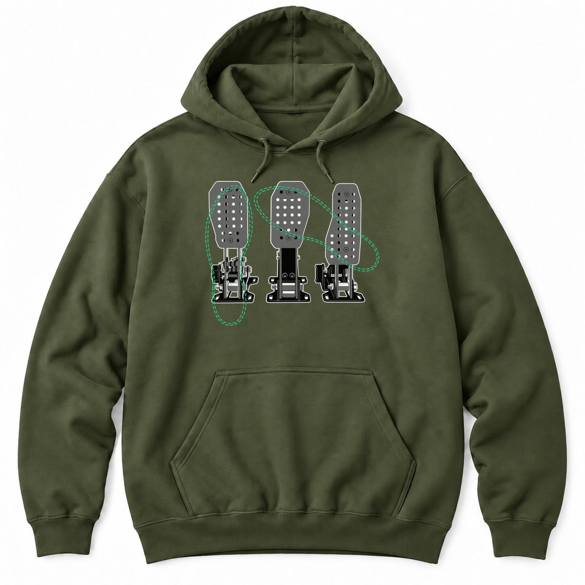 Military Green hoodie with a detailed drawing of three racing pedals crossed by green dashed loops