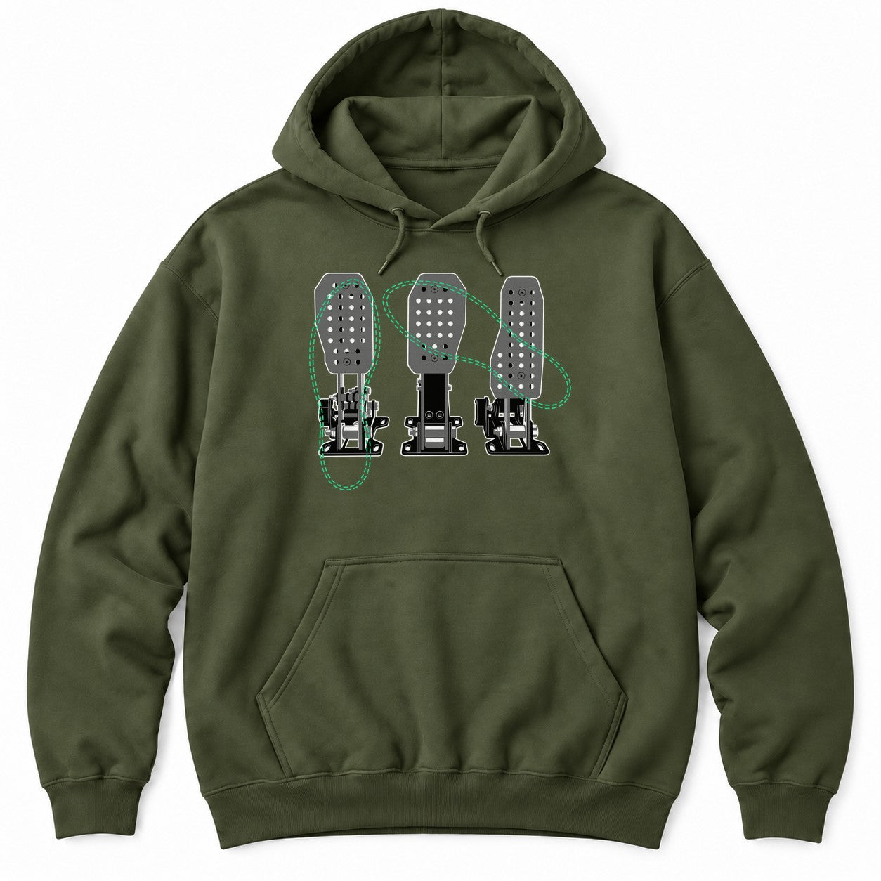 Military Green hoodie with a detailed drawing of three racing pedals crossed by green dashed loops