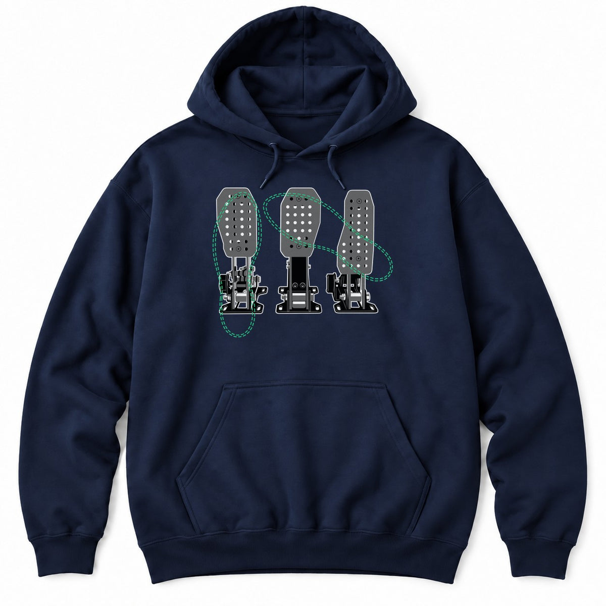 Navy hoodie with a detailed drawing of three racing pedals crossed by green dashed loops