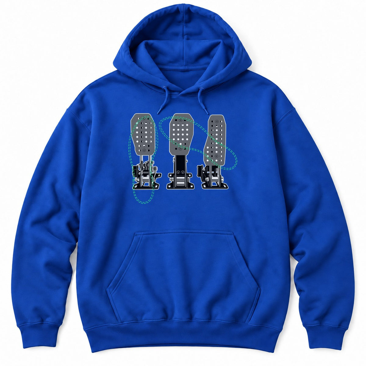 Royal hoodie with a detailed drawing of three racing pedals crossed by green dashed loops