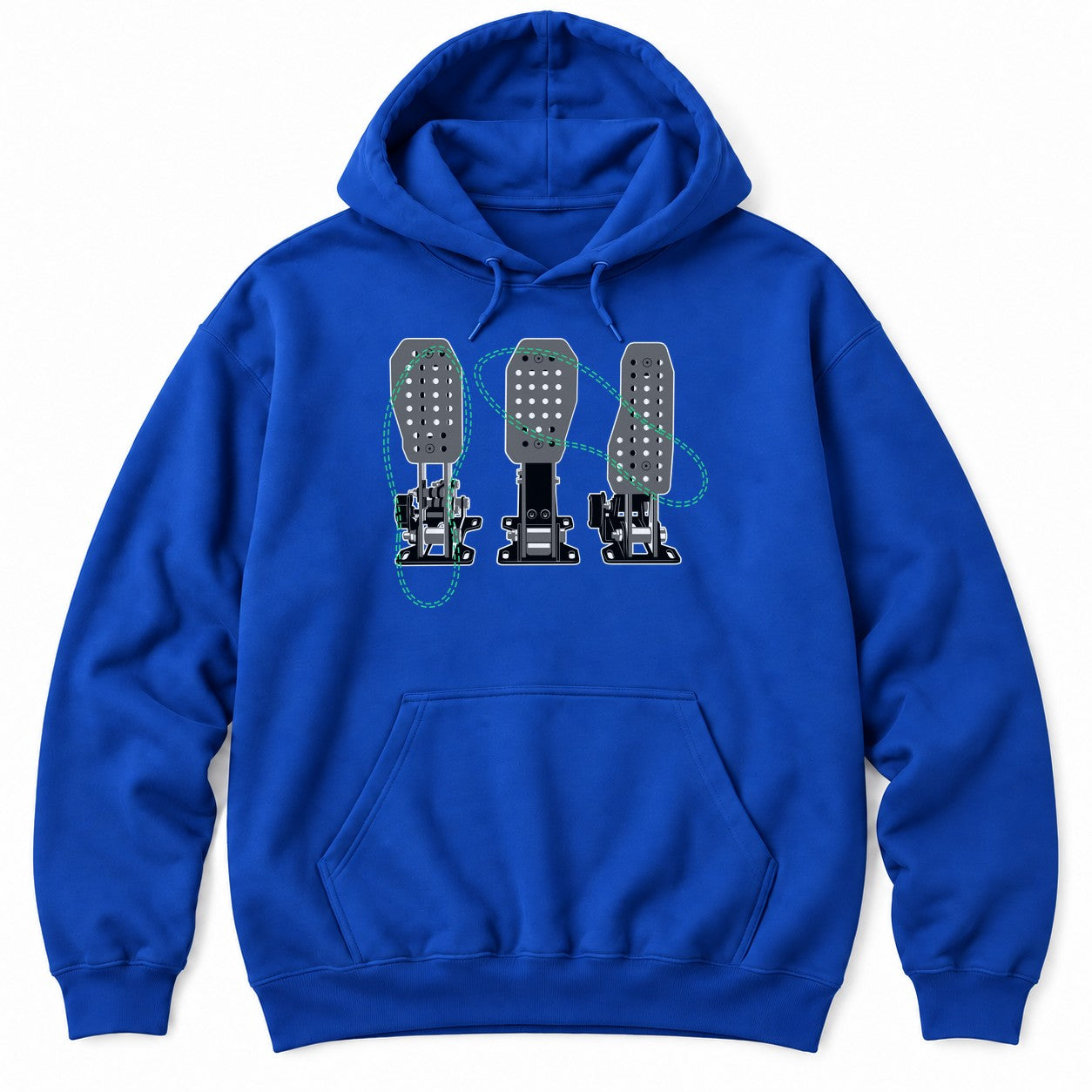 Royal hoodie with a detailed drawing of three racing pedals crossed by green dashed loops