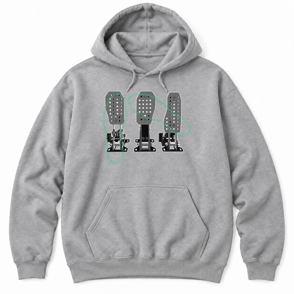 Sport Grey hoodie with a detailed drawing of three racing pedals crossed by green dashed loops