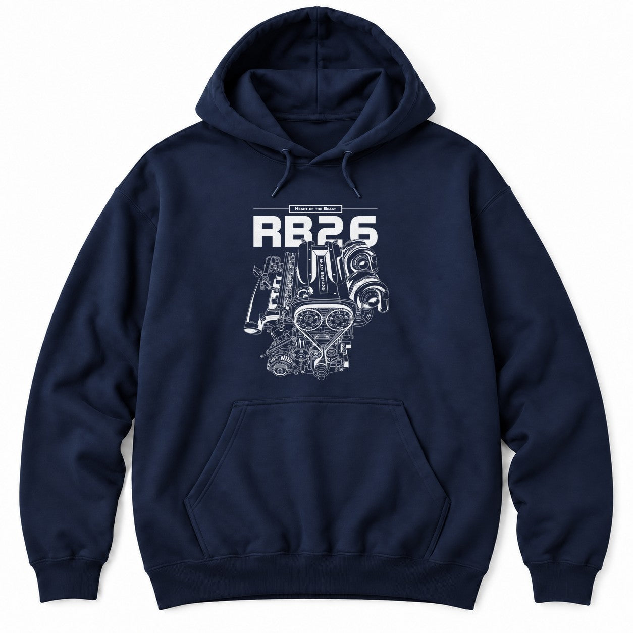Navy hoodie with Heart of the Beast and a detailed white twin-turbo straight-six engine illustration under bold lettering