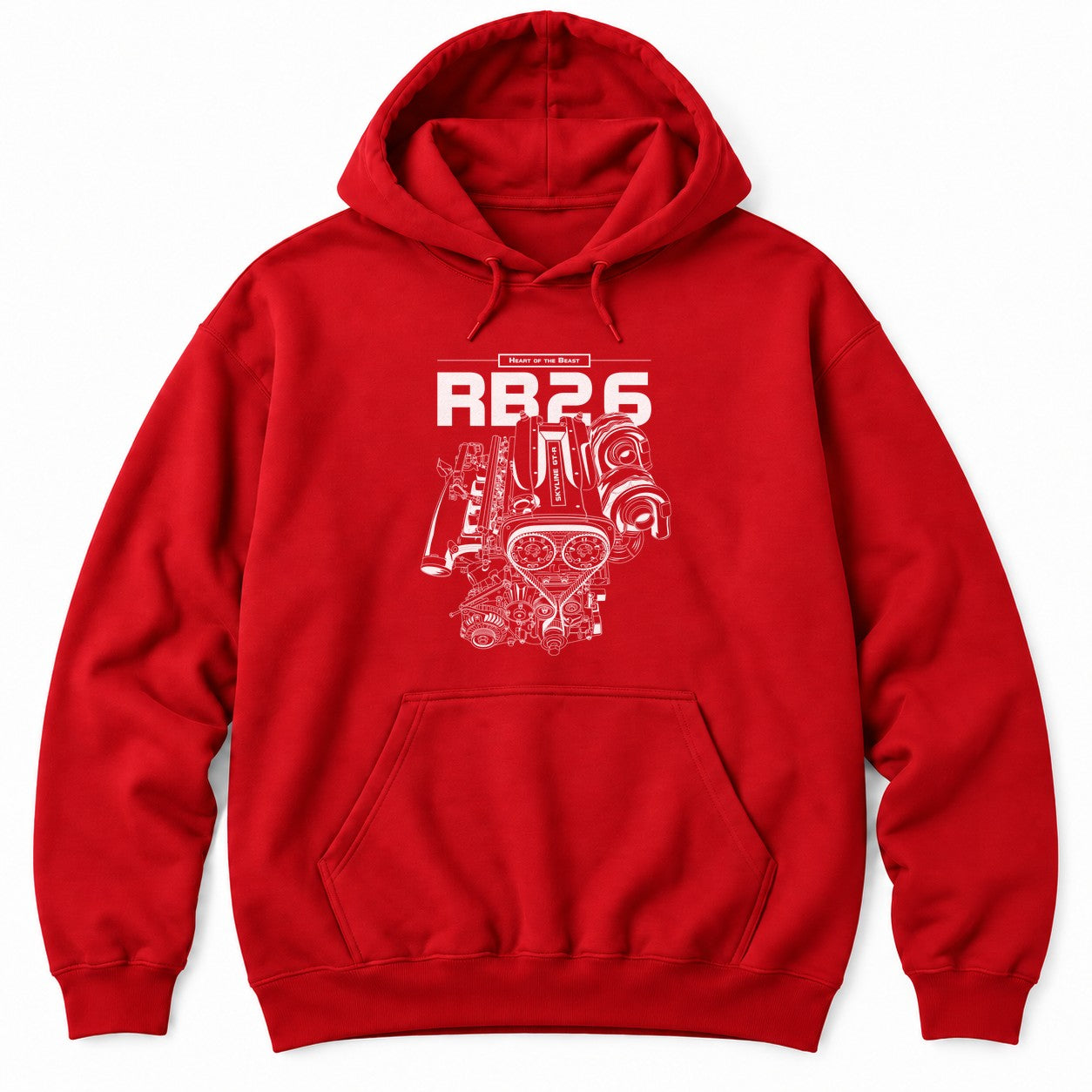 Red hoodie with Heart of the Beast and a detailed white twin-turbo straight-six engine illustration under bold lettering