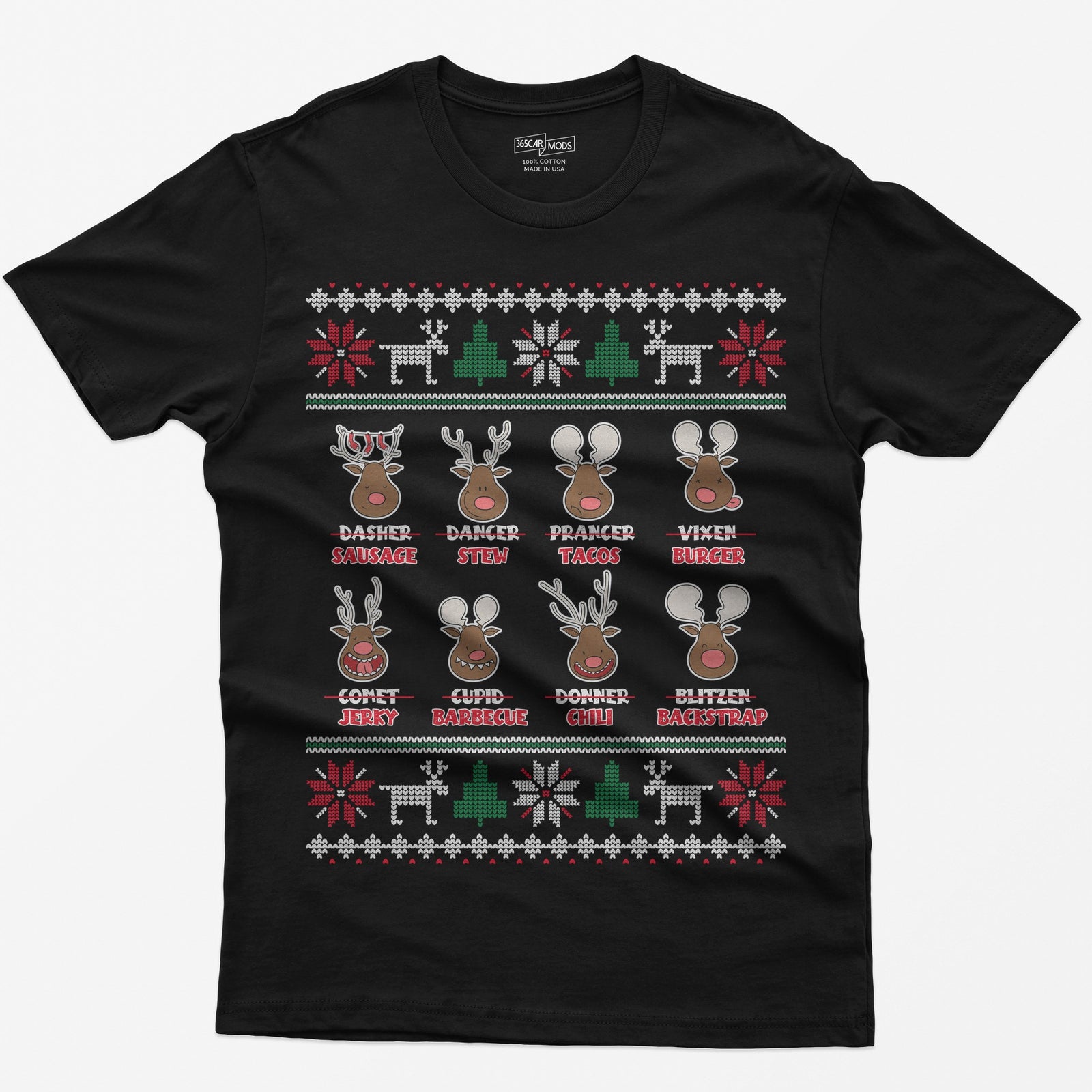 Black t-shirt with eight cartoon reindeer, each name crossed out and replaced with a menu item like sausage, stew or jerky
