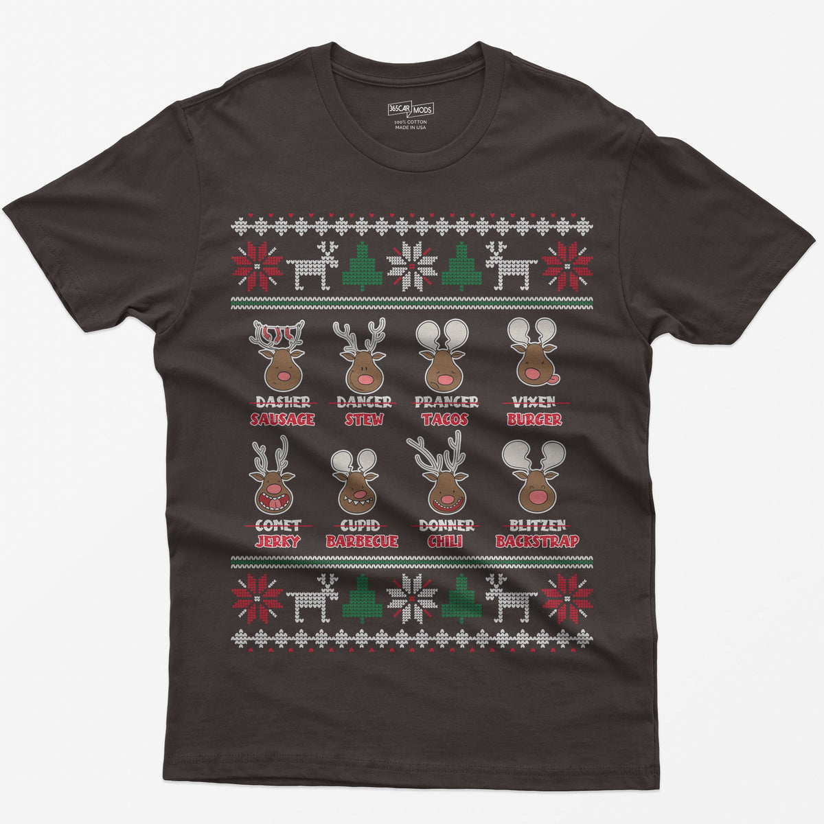 Dark Chocolate t-shirt with eight cartoon reindeer, each name crossed out and replaced with a menu item like sausage, stew or jerky