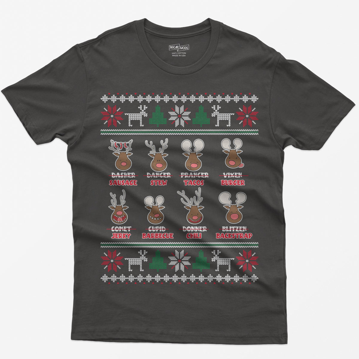 Dark Heather t-shirt with eight cartoon reindeer, each name crossed out and replaced with a menu item like sausage, stew or jerky