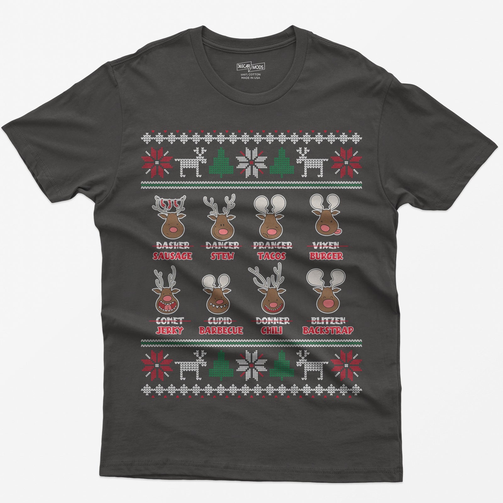 Dark Heather t-shirt with eight cartoon reindeer, each name crossed out and replaced with a menu item like sausage, stew or jerky