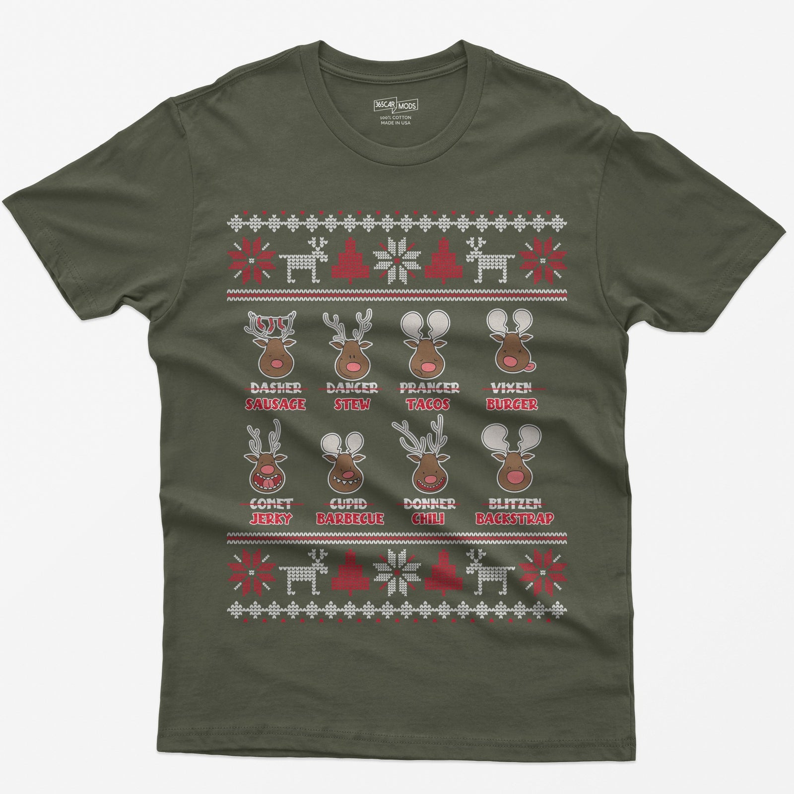 Military Green t-shirt with eight cartoon reindeer, each name crossed out and replaced with a menu item like sausage, stew or jerky