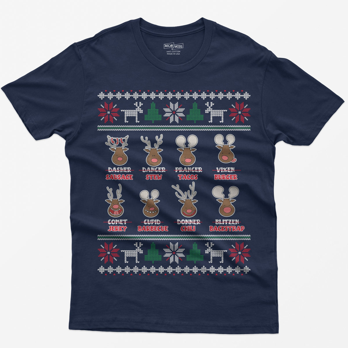 Navy t-shirt with eight cartoon reindeer, each name crossed out and replaced with a menu item like sausage, stew or jerky