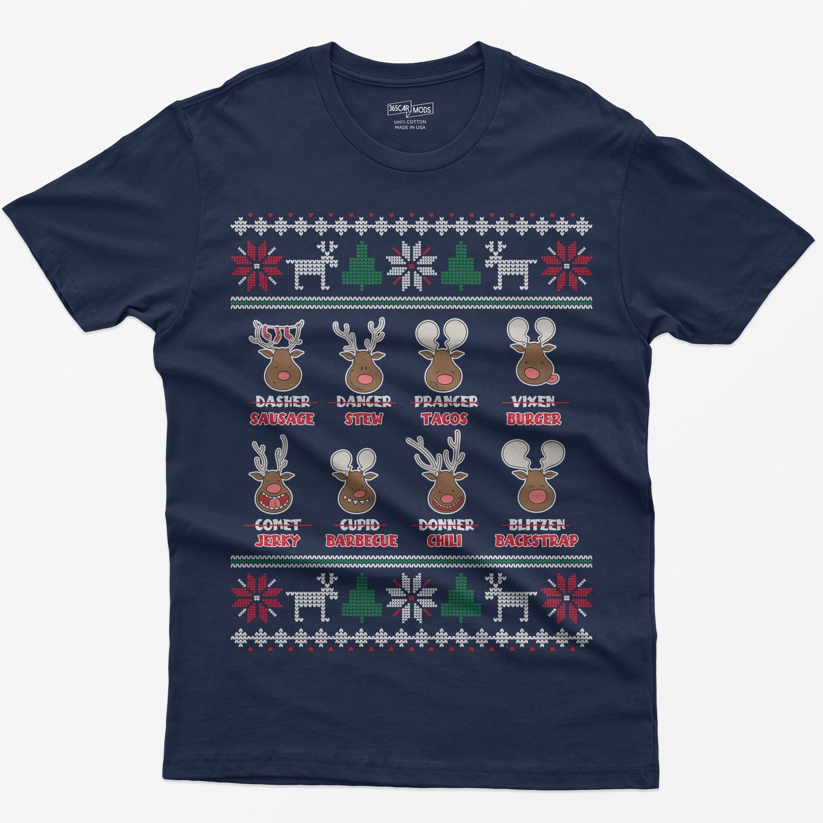 Navy t-shirt with eight cartoon reindeer, each name crossed out and replaced with a menu item like sausage, stew or jerky