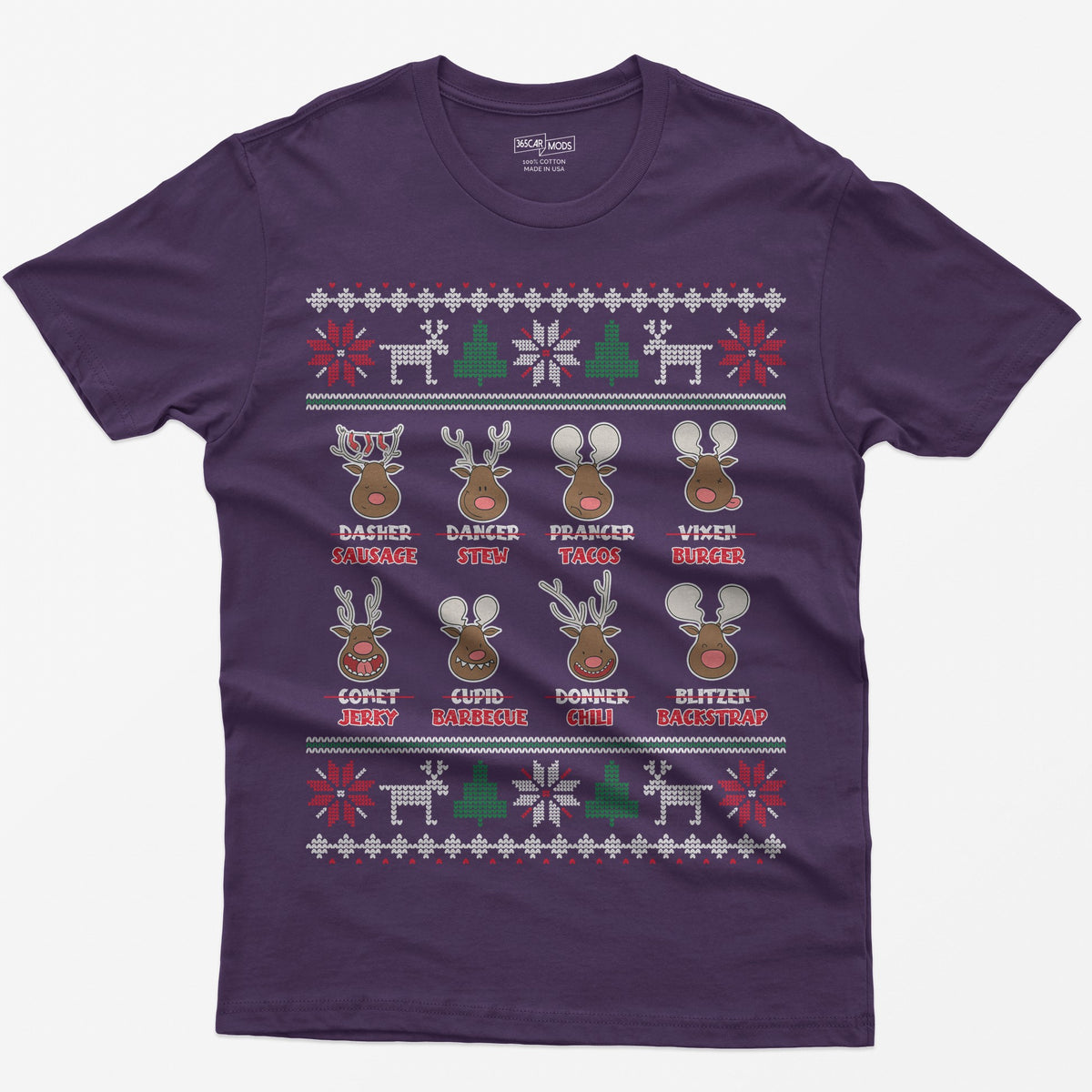 Purple t-shirt with eight cartoon reindeer, each name crossed out and replaced with a menu item like sausage, stew or jerky