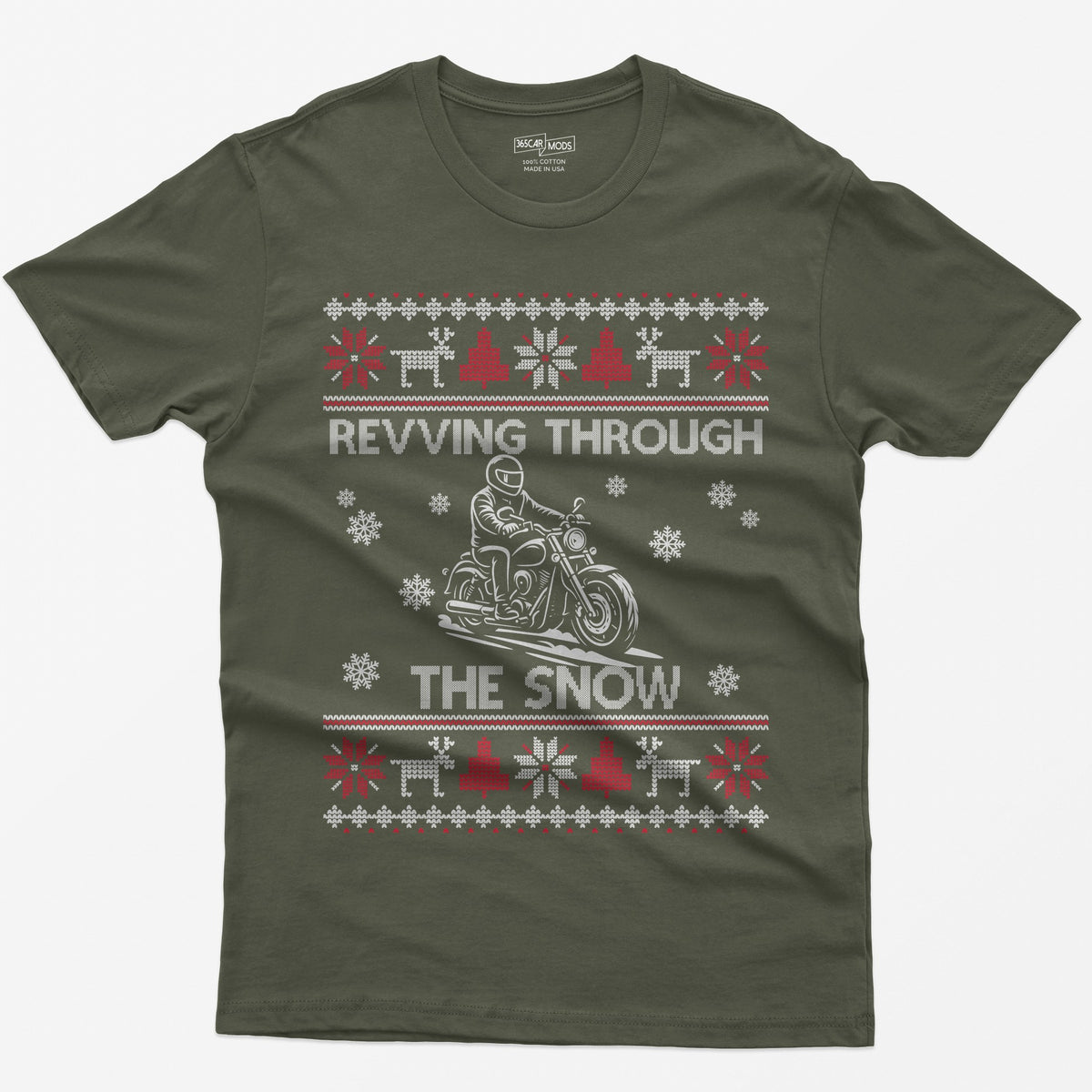Revving Through the Snow Cruiser Christmas T-Shirt - Military Green