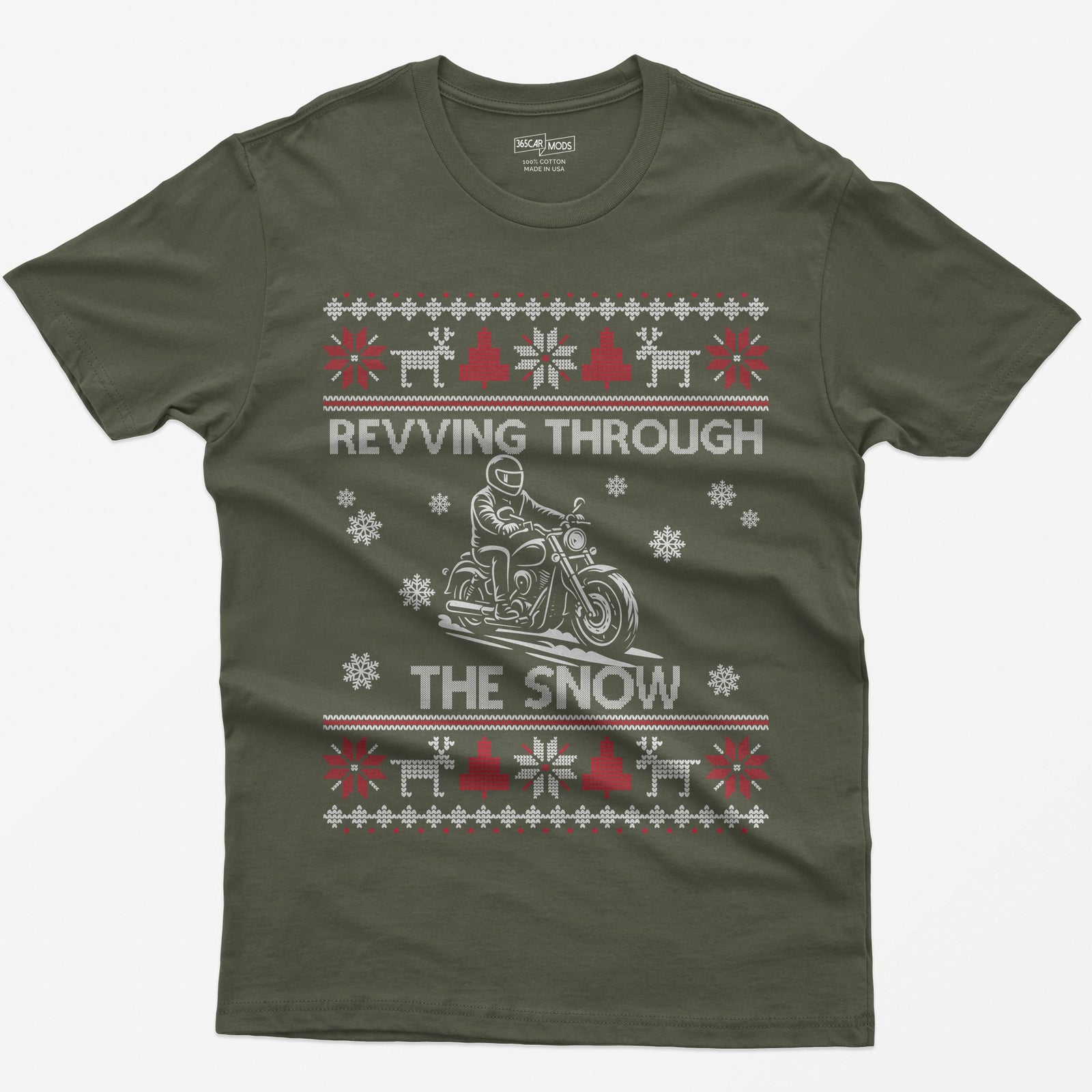 Revving Through the Snow Cruiser Christmas T-Shirt - Military Green