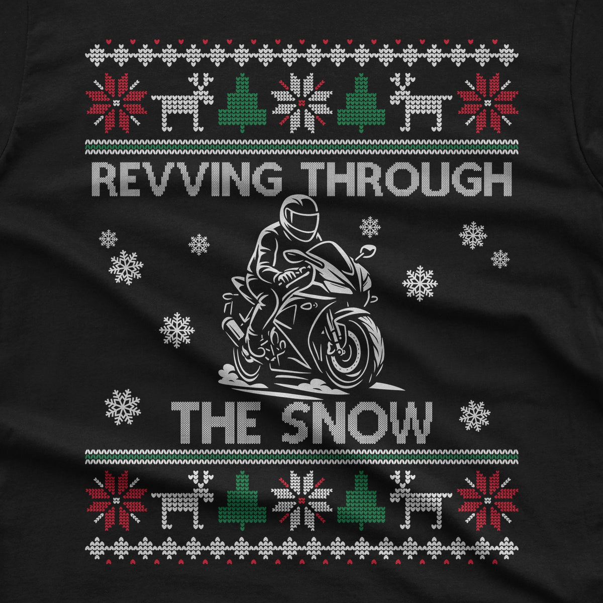 Revving Through the Snow Sportbike Christmas T-Shirt design close-up